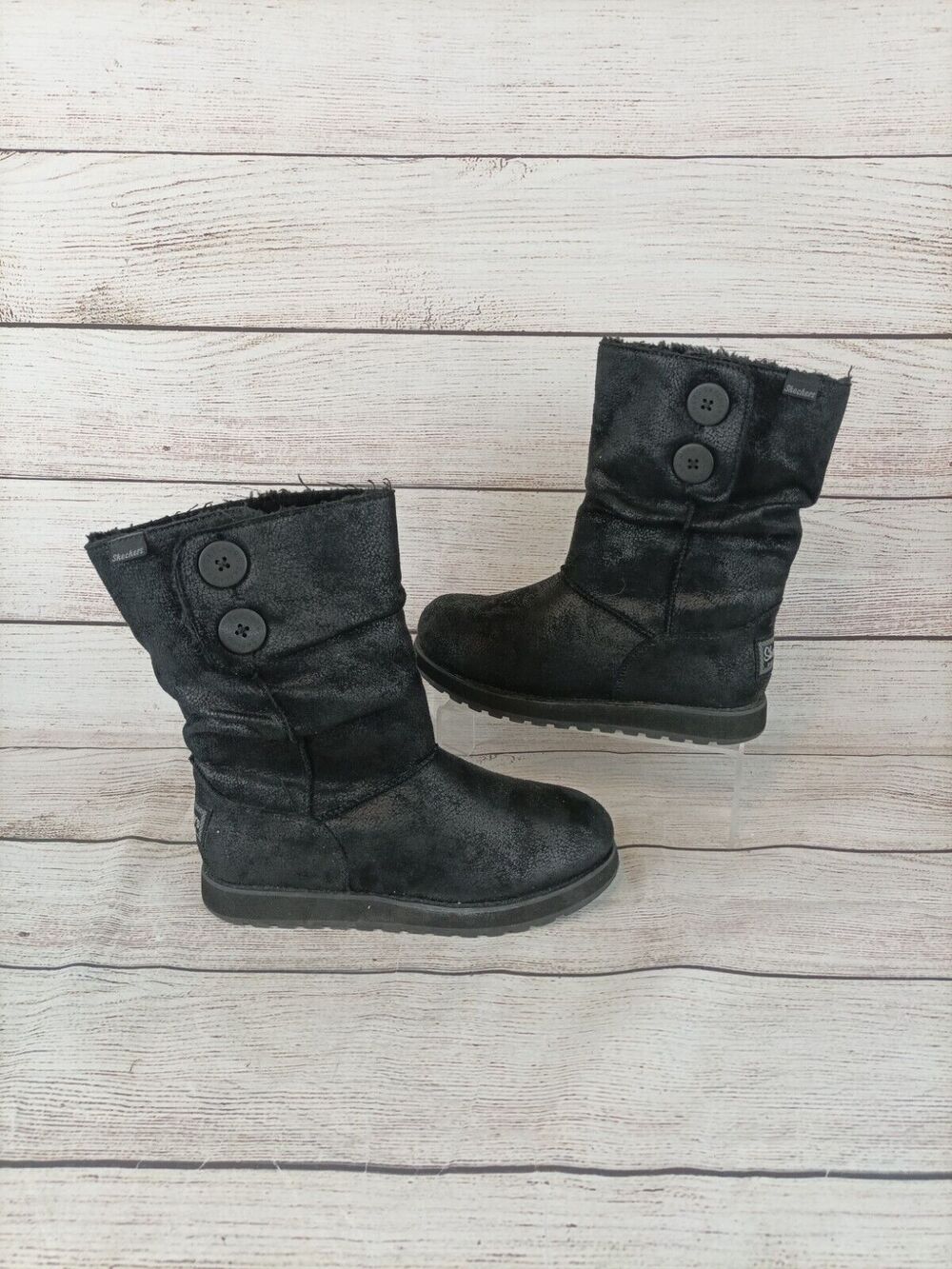 Skechers Womens Keepsakes Boots Sz 7 Tall Suede Black Roll Over Faux Fur